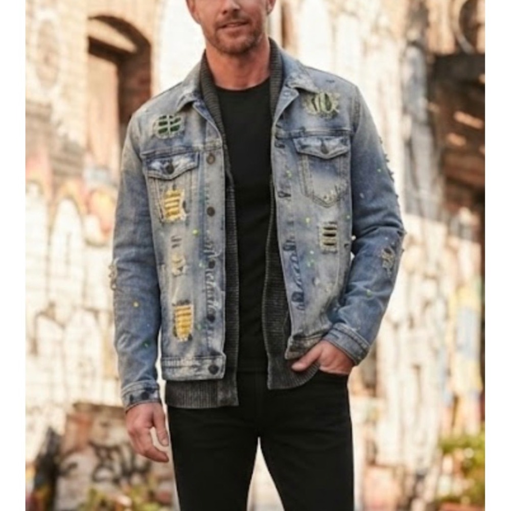Denim City Mens Distressed Paint Splatter Trucker Jean Jacket Vintage Blue